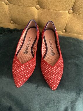 Rothy's Red Pointed Knit Flats with White Dot Detail